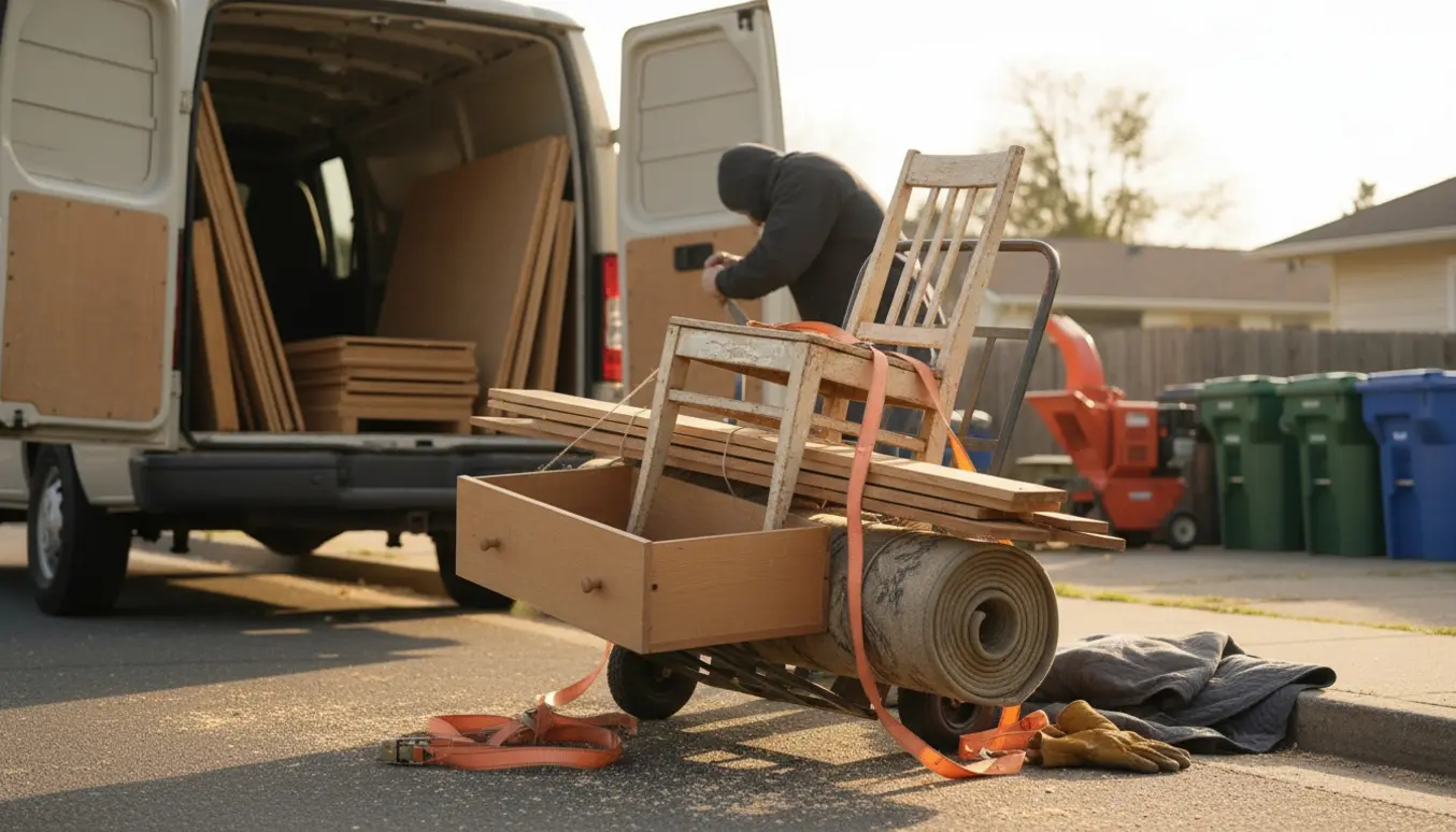 Bagfra af en mover, der læsser gammelt træinventar og planker på en varevogn ved kantstenen.