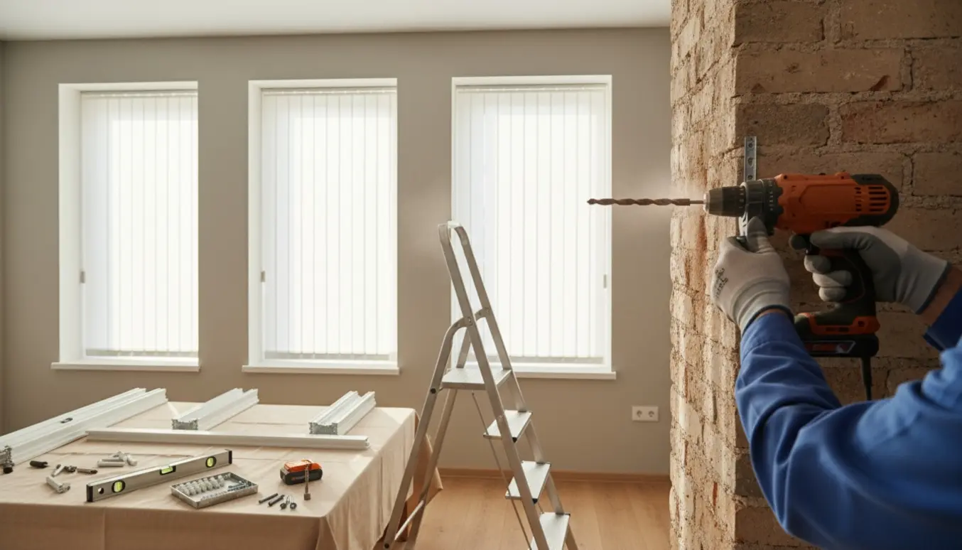 Nærbillede af montering af tre lamelgardiner med en boremaskine i en tyk mur.