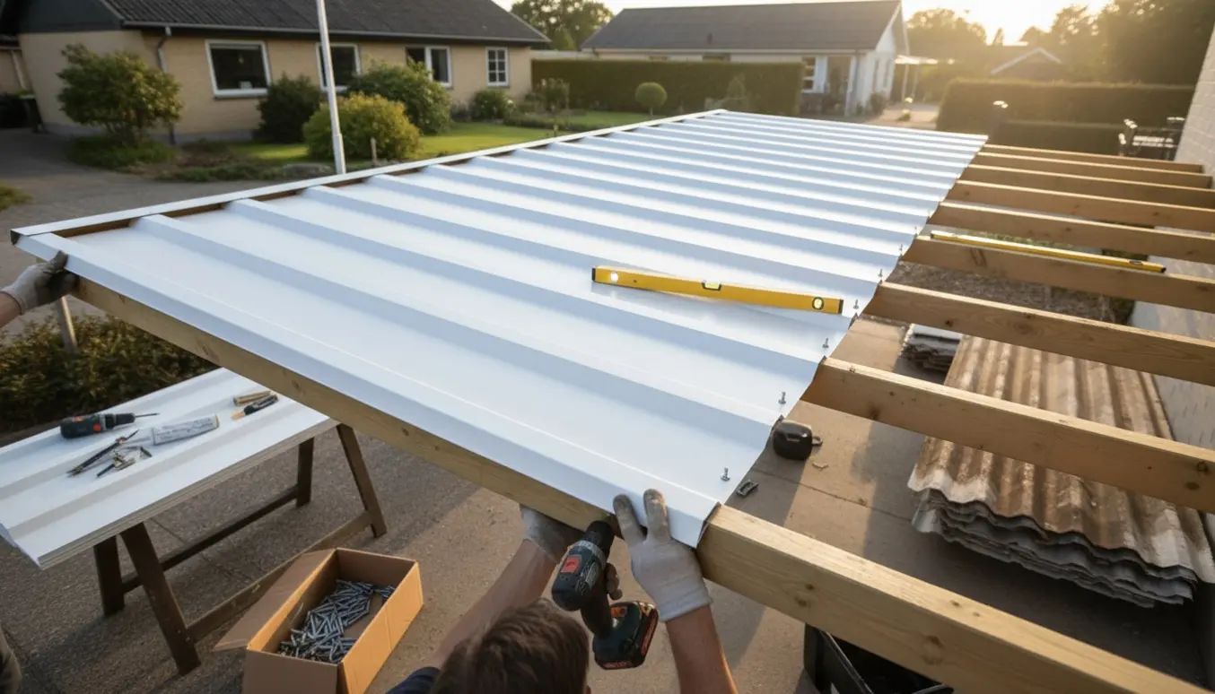 Installation af hvide trapezplader på en carport med værktøj og stablede materialer i baggrunden.