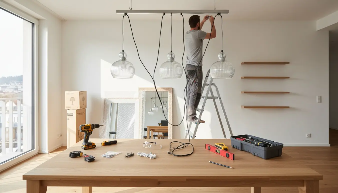 Installatør på stige monterer en lampeskinne i en lys spisestue med værktøj og hylder klar til ophæng.