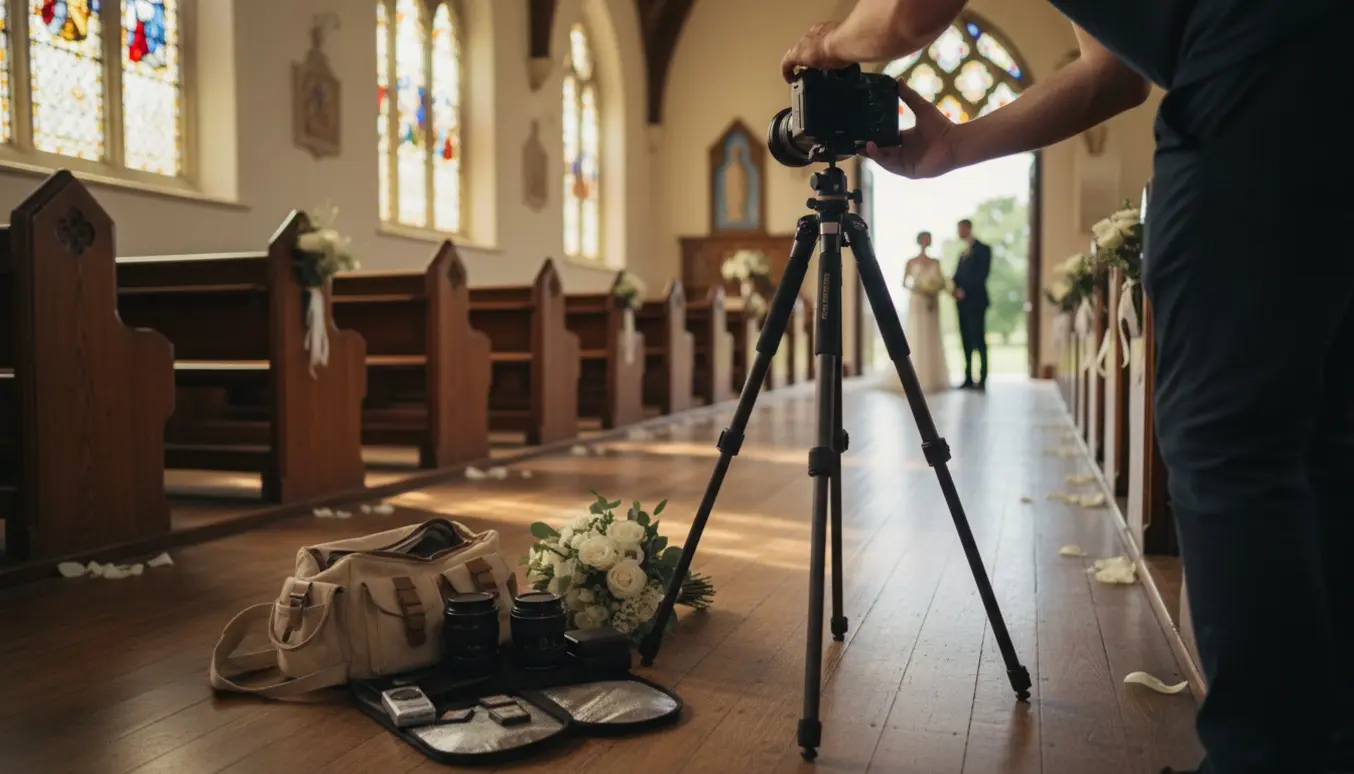 Amatørfotograf justerer kamera i en soloplyst kirke, med brudepar set bagfra og åben udstyrstaske.