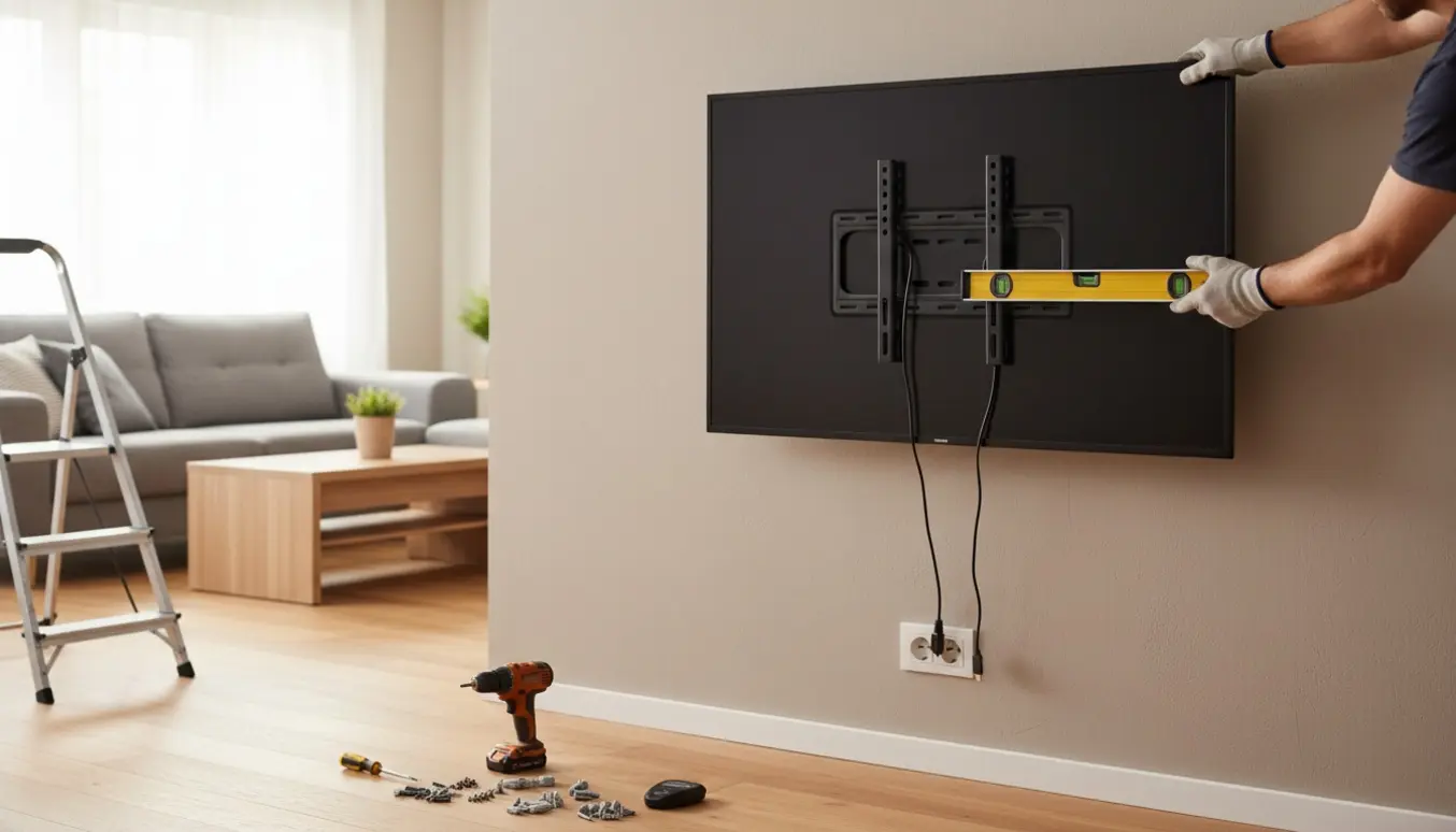 Håndværker hænger et fladskærms-tv op på en stuevæg med værktøj på gulvet.