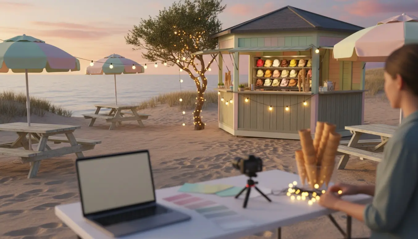 Pavillon omdannet til hyggeligt strand-iskiosk med bordbænke, parasoller og lyskæder i træet.