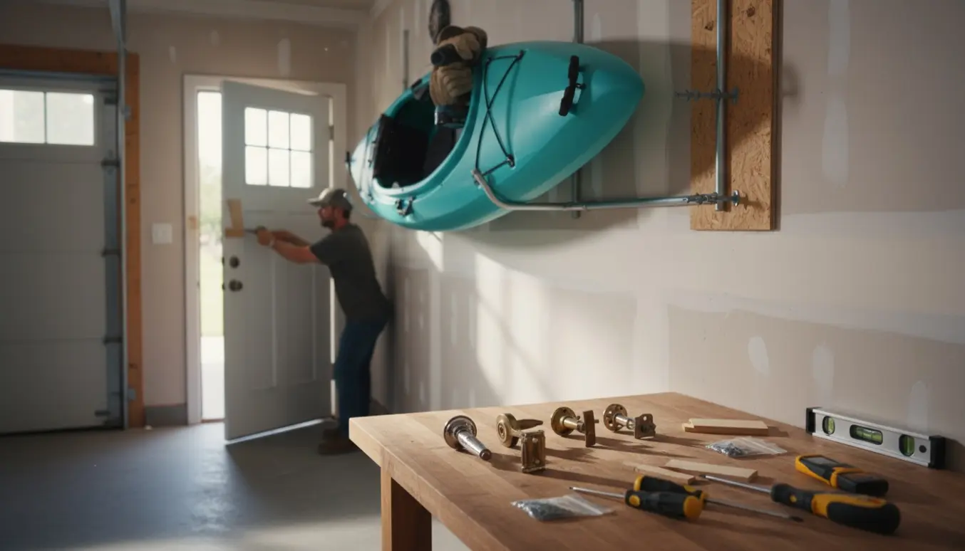 Hænder monterer et kajakstativ i en garage med dørhåndtag og hoveddør i baggrunden klar til justering.