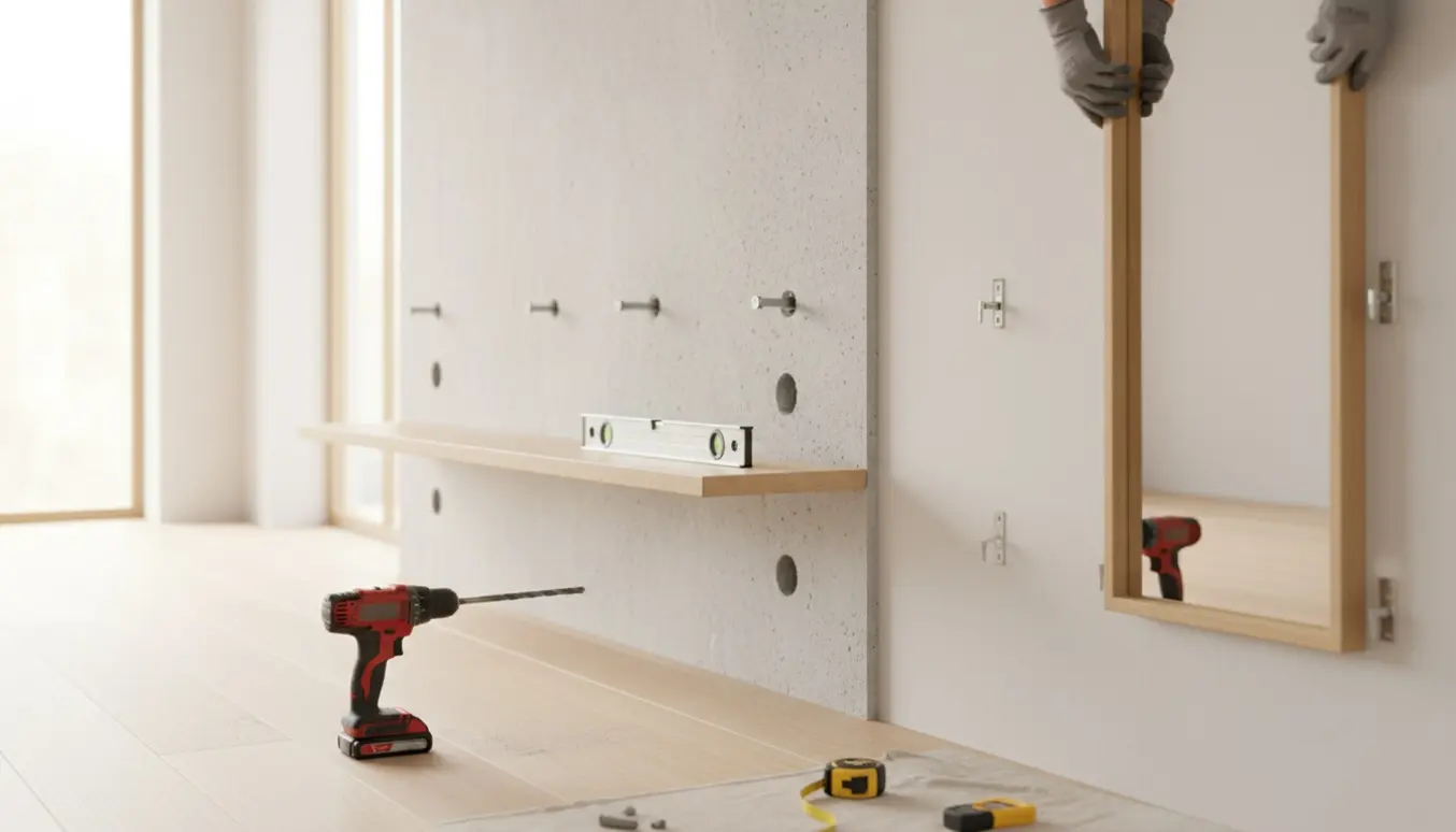 Opsætning af en reol på gasbeton og montering af et spejl på en gipsvæg med værktøj og beslag.