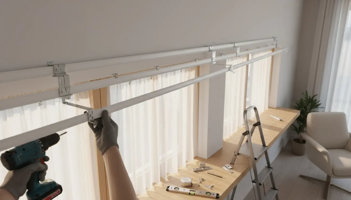 Nærbillede af opsætning af fire gardinskinner over to vinduer med værktøj og hænder i arbejde.