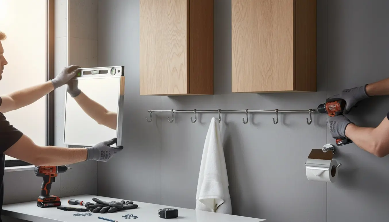 Håndværker monterer to små badeværelsesskabe, kroge og toiletrulleholder på en malet væg.