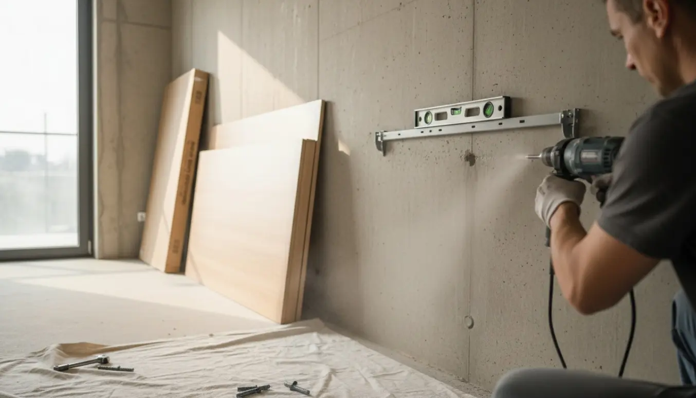 Hænder monterer beslag til en vægseng på en betonvæg med en borehammer og værktøj.