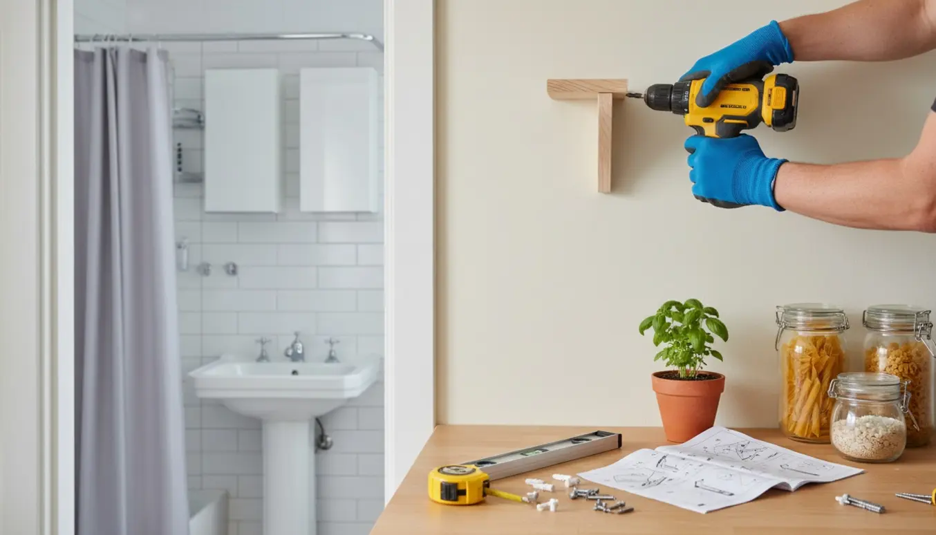 Nærbillede af hænder, der monterer en lille køkkenreol med værktøj i forgrunden og to nyopsatte badeværelsesskabe samt en bruseforhængsstang i baggrunden.