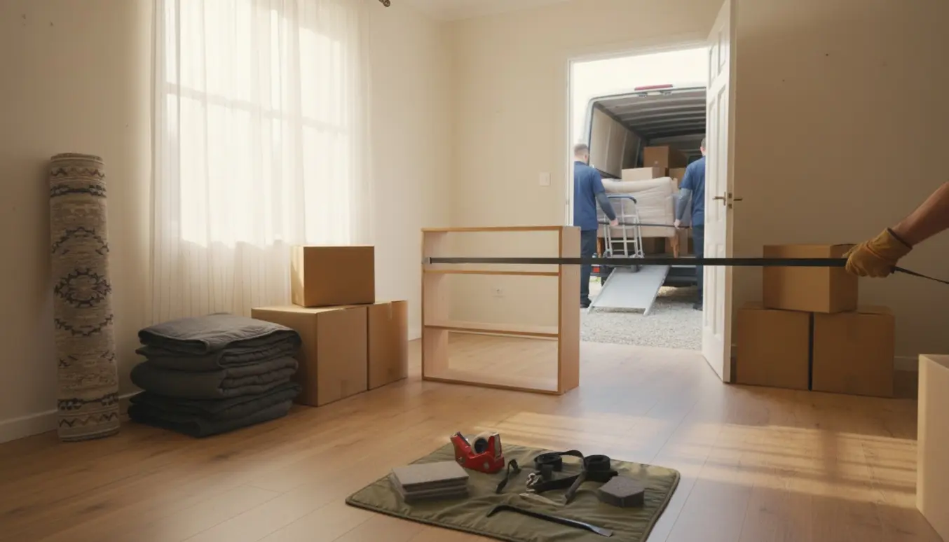 Et næsten tomt rum med rullede tæpper, stabler af flyttekasser og en flyttekare på vej ud mod en varevogn.