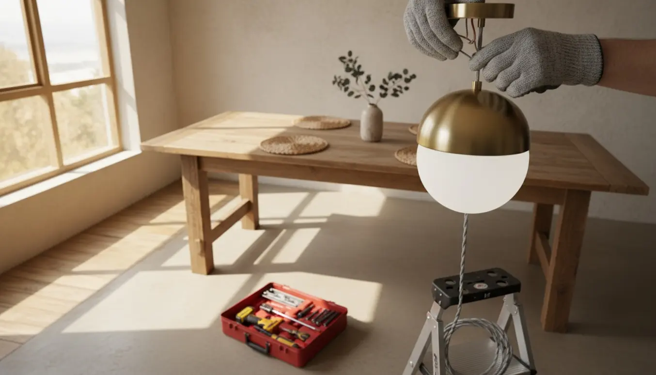 Hænder monterer en loftslampe over et spisebord med stige og værktøj i baggrunden.