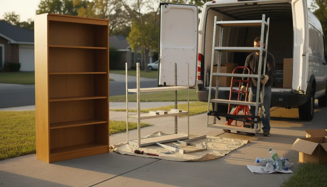 Tre små reoler klargjort til bortskaffelse på en indkørsel ved en åben flyttevogn.