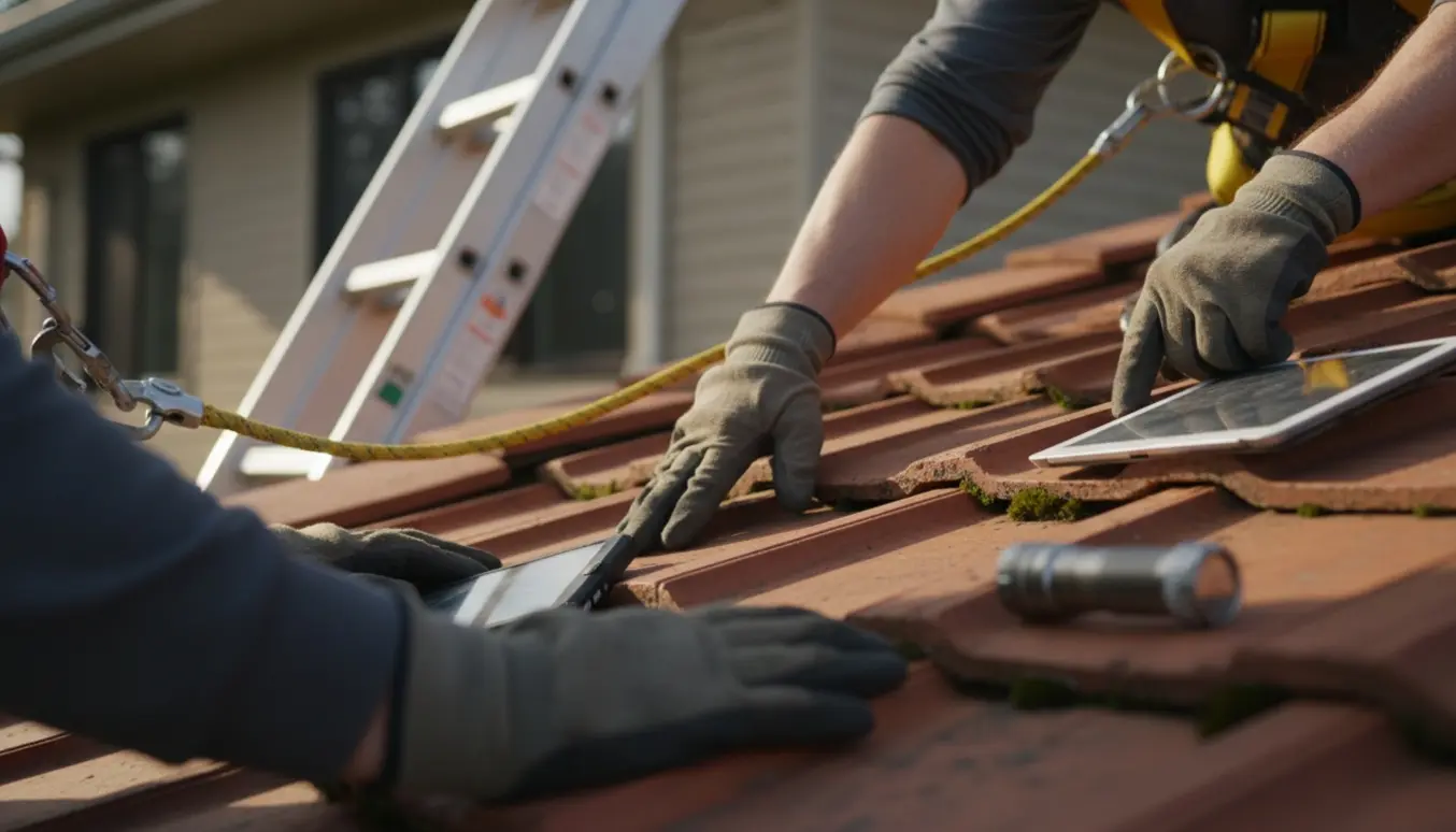Nærbillede af hænder på et tegltag under en taginspektion med stige og sikkerhedsudstyr.