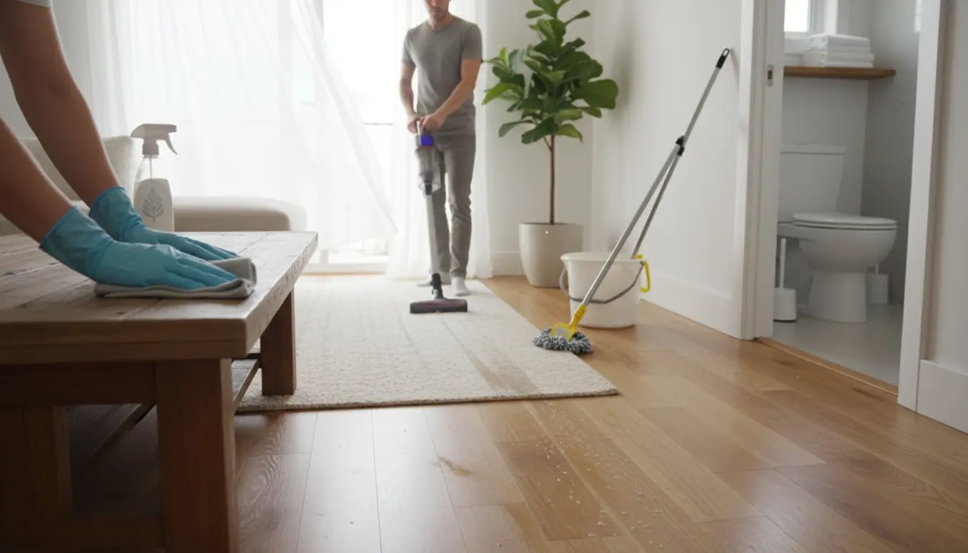 Hænder gør rent i et lyst hjem med støvsuger, moppe og klud, mens gardiner blafrer fra et åbent vindue.