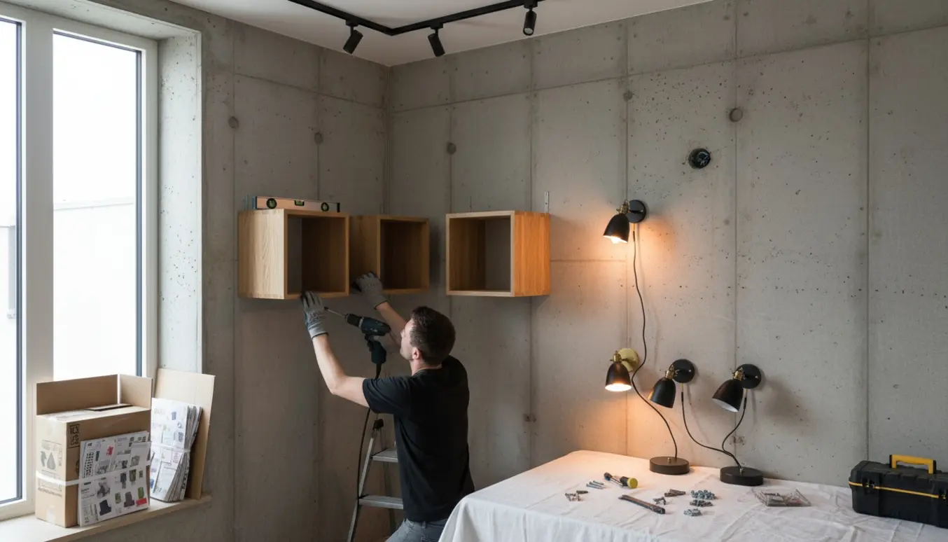 Hænder monterer kubereol på betonvæg med borehammer, værktøj og sammenklappet pap til bortskaffelse.