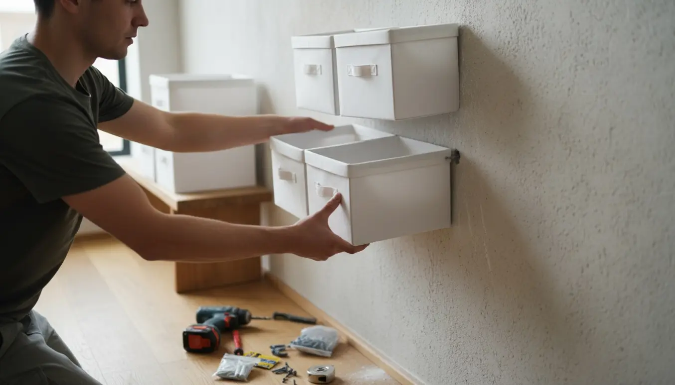 Installatør hænger seks væghængte skokasser op på en gipsbetonvæg i en lys entré.