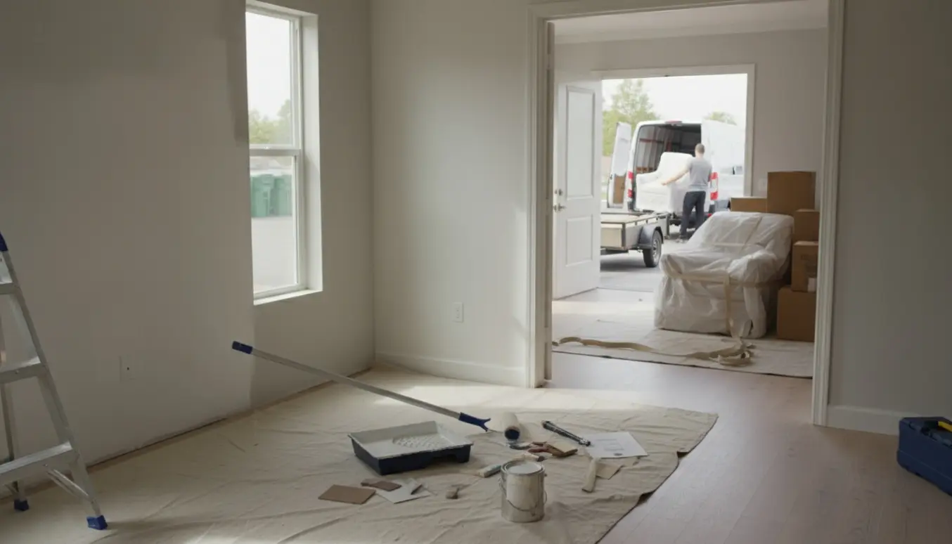 Varevogn og trailer læsses udenfor, mens malergrej og nymalet væg ses indendørs under oprydning.