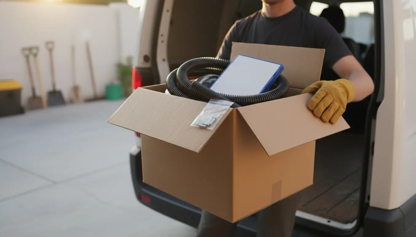 En åben papkasse med støvsugerdel, en generisk videospilpakke og fem sikringer, der læsses i en varevogn.