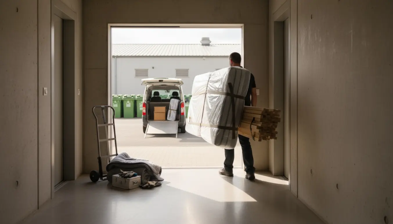 To flyttefolk bærer en indpakket madras gennem opgangen mod en åben elevator med varevogn og genbrugscontainere i baggrunden.