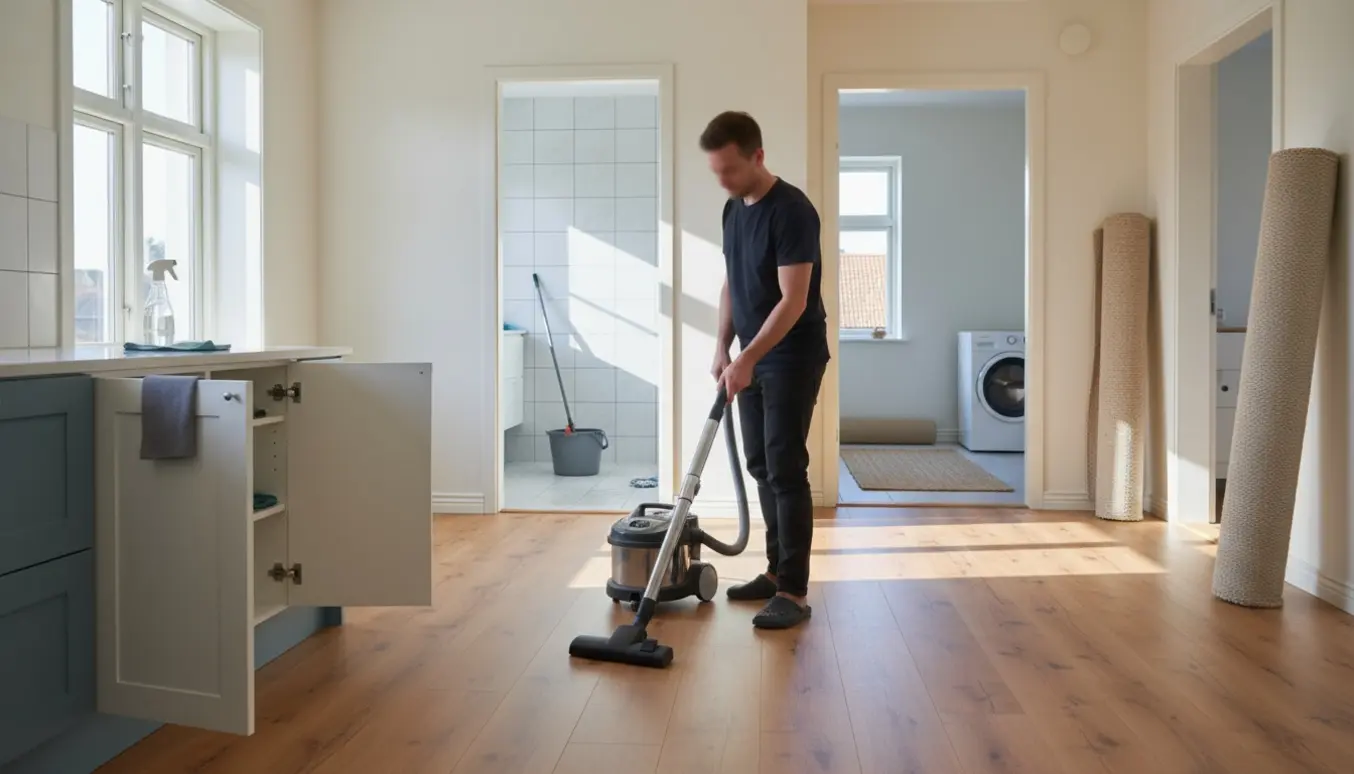 Hyperrealistisk foto af fraflytningsrengøring med støvsugning af laminat, åbne køkkenskabe og moppe på fliser.