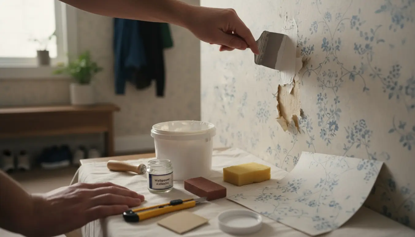 Hænder reparerer et hul i tapet i en entré med spartel og reparationsmaterialer på en afdækket klud.