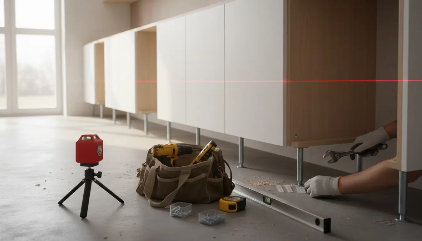 Hænder justerer IKEA-køkkenelementer med et laservater for at gøre dem i vatter før bordpladeinstallation.