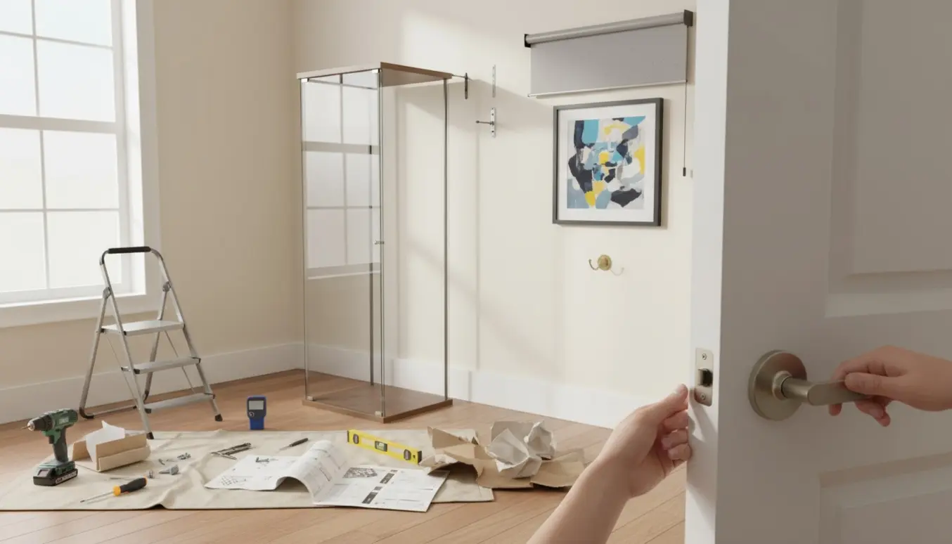 Delvist samlet glasvitrineskab monteres på en væg med værktøj, nyligt ophængt rullegardin, billede og knage i et lyst rum.