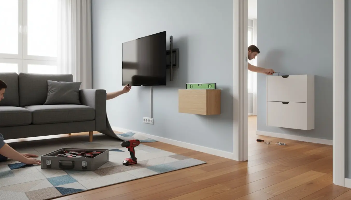 Hænder monterer en bogkasse og tv-ophæng i en lys stue, reder et gulvtæppe og fastgør et skoskab i gangen.