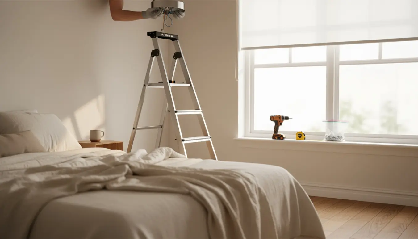 Hænder monterer en loftlampe og en rullegardin i et lyst, ryddeligt soveværelse.