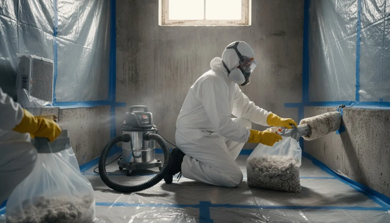 Kælder under asbestfjernelse med beskyttelsesdragt, forseglede plastikposer og en HEPA-støvsuger i et afspærret arbejdsområde.