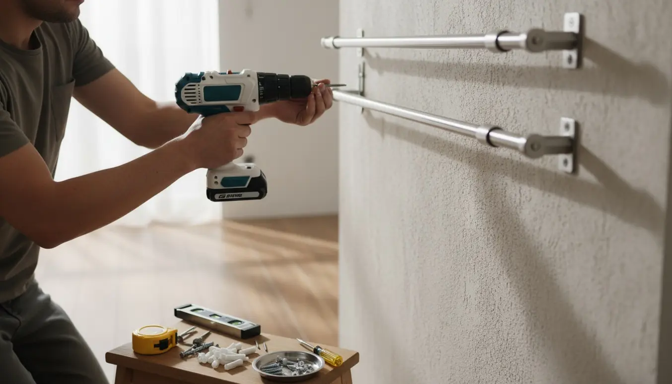 Hænder monterer to gardinstænger med boremaskine, beslag og rawlplugs i en lys stue.