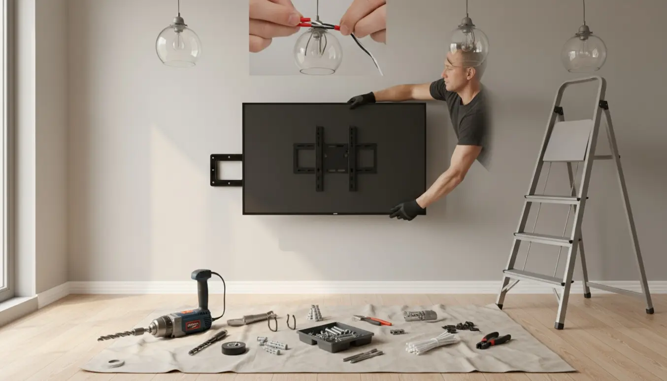 Hænder monterer et midtstort fladskærms-tv på væggen, mens tre loftslamper gøres klar til montering.