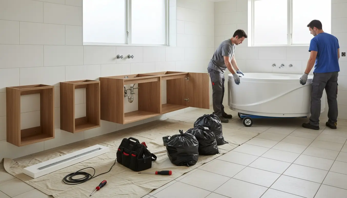 To håndværkere fjerner et 140 cm bredt badeværelsesskab og et hjørnespabad i et lyst badeværelse.