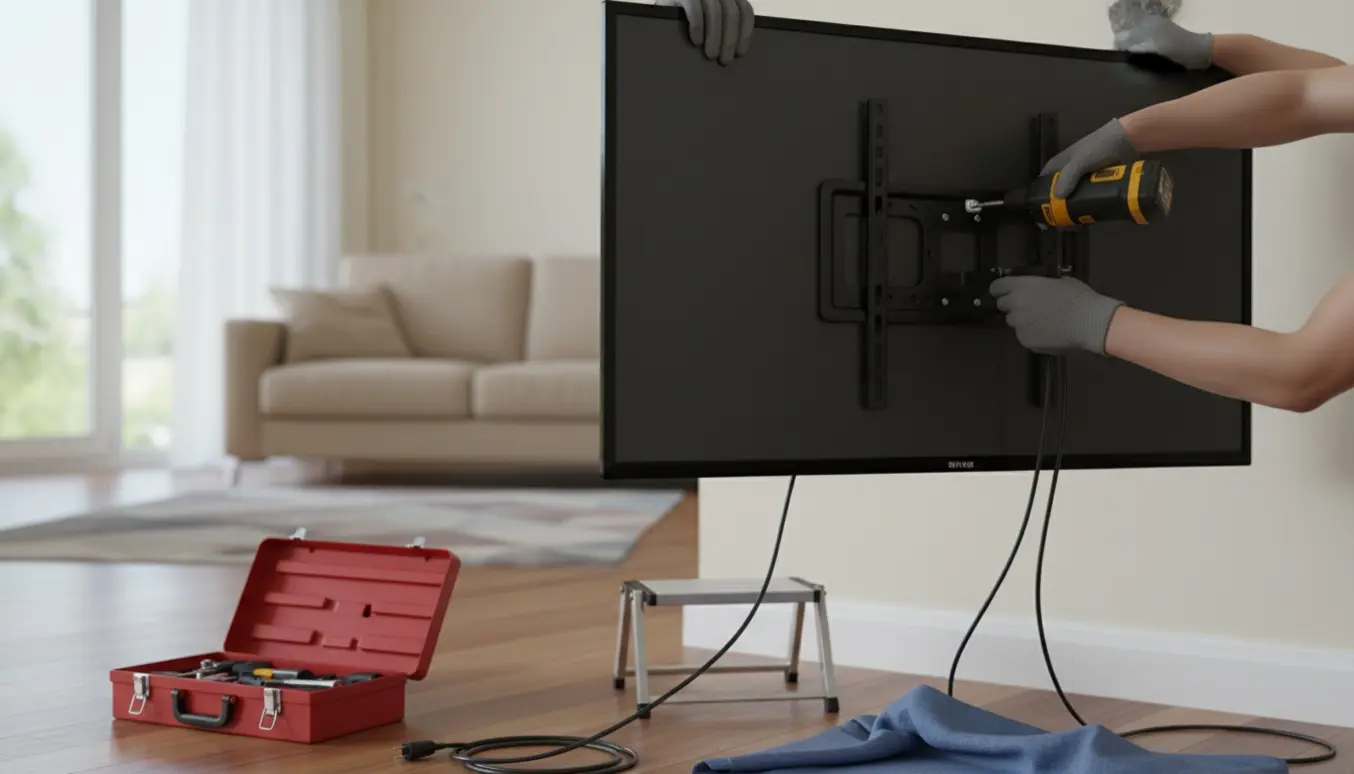 Ældre 42" fladskærms-tv tages ned fra vægbeslag, hænder støtter skærmen mens en skruemaskine løsner skruer og kabler hænger ned.