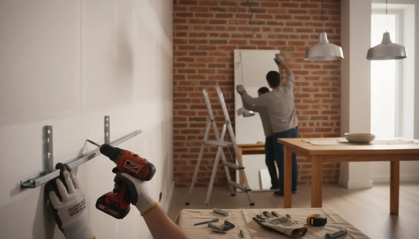 Opsætning af to hylder i gipsvæg, ophængning af spejl på murstensvæg og udskiftning af lamper over spisebordet.