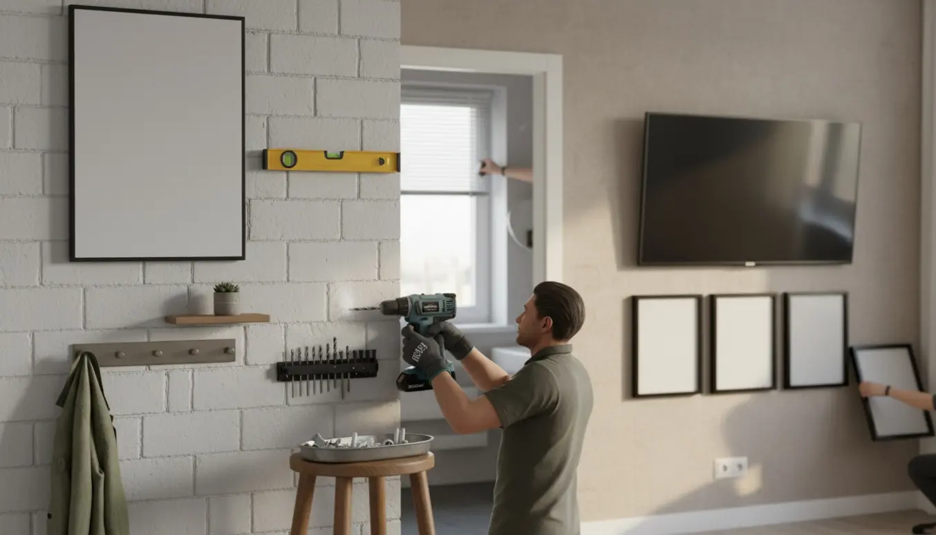 Hænder monterer spejl og hylde på en betonvæg med boremaskine, rawlplugs og skruer, mens et vægmonteret TV og fem billeder ses i baggrunden.
