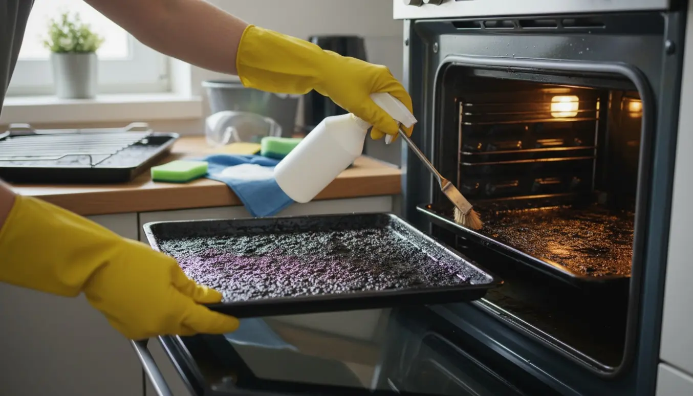 Gummihandsker skrubber brændt snavs ud af en åben ovn med bageplader på køkkenbordet.