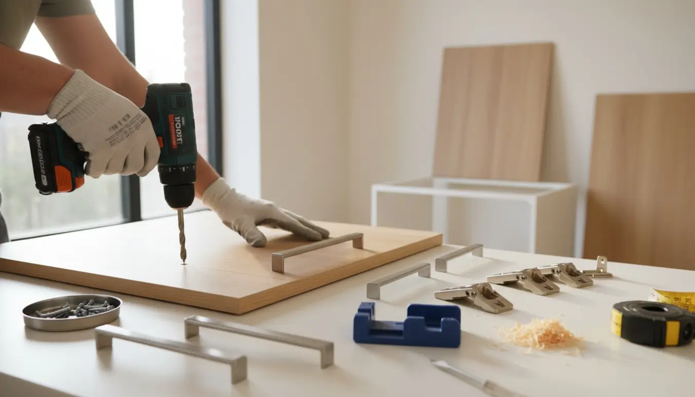 Nærbillede af hænder, der monterer greb og hængsler på en køkkenlåge i et lyst køkken.