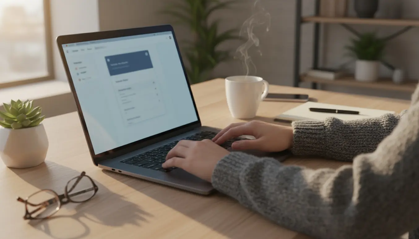 Bærbar computer med opsætning af ny Outlook-e-mail i et lyst hjemmekontor, hænder på tastaturet.