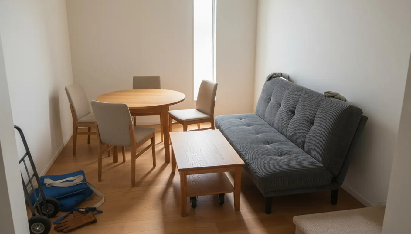 Spisebord med fire stole, sofabord og sovesofa klar til afhentning i en trappeopgang, to personer hjælper uden at vise ansigter.