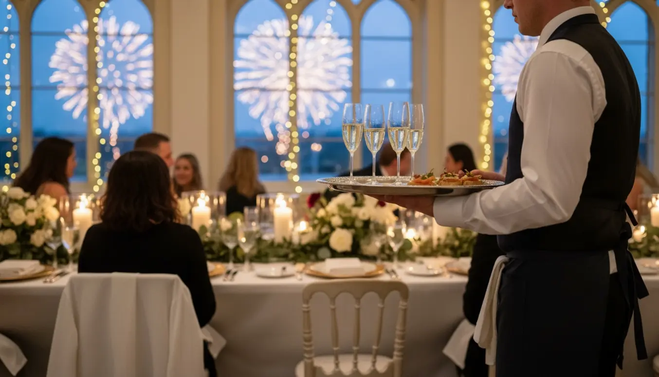 Servitører bærer champagne og småretter ved et elegant nytårsbryllup i et varmt oplyst selskabslokale.
