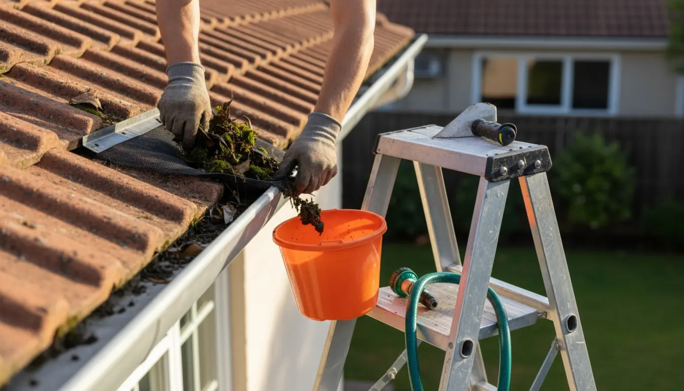 Kort stige ved husets tag, handskerede hænder fjerner blade og mos fra to tagrender med skovl og spand.