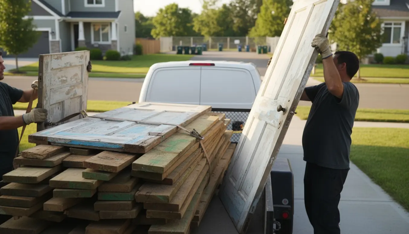 Person læsser blandet behandlet træ og trædøre på trailer ved indkørsel med genbrugsplads i baggrunden.