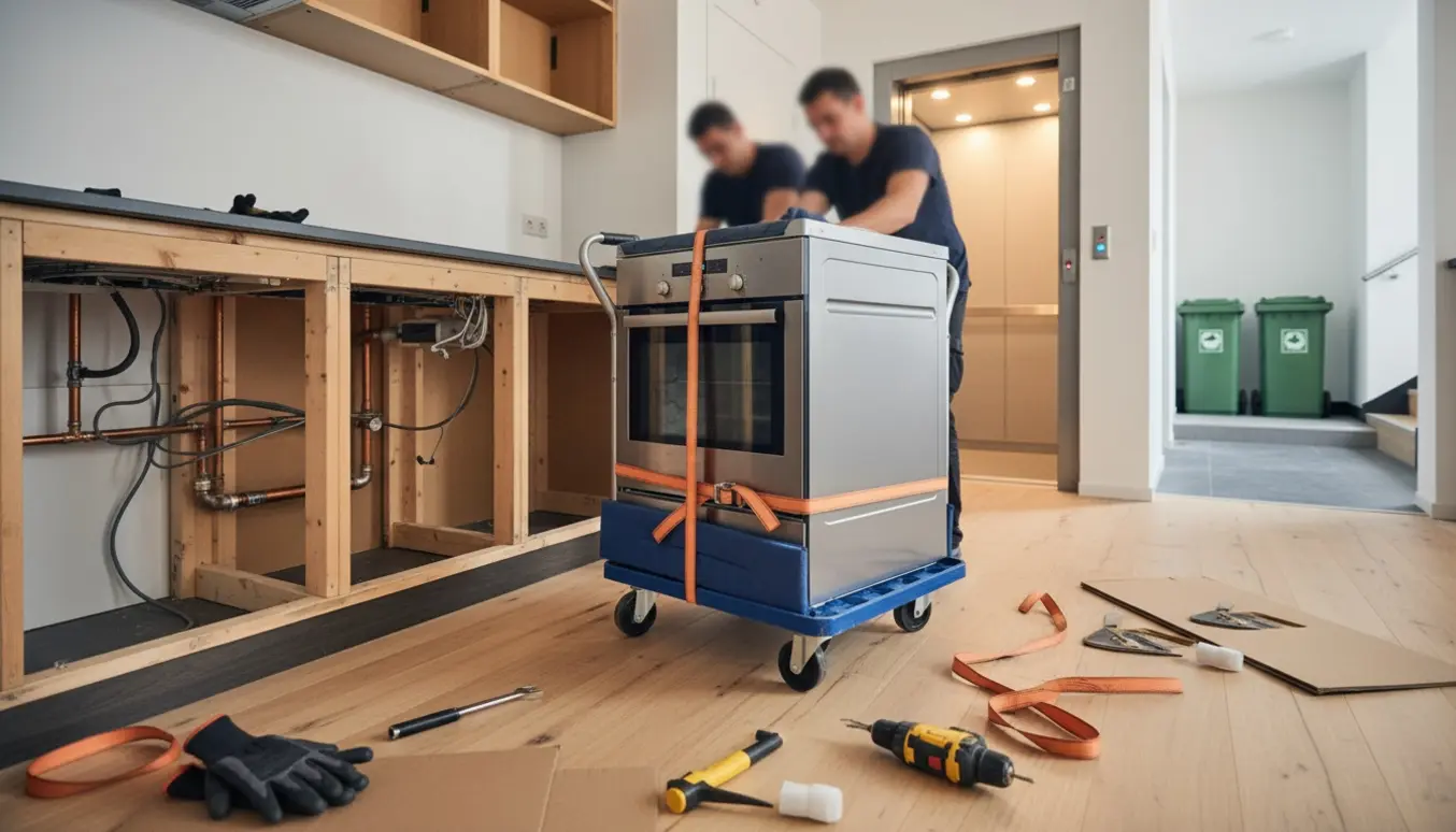 Midt i nedtagning af et køkken med ovn og opvaskemaskine på en flyttevogn, åbne skabe og værktøj, elevator i baggrunden.