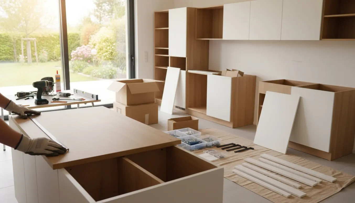 Montage af køkkenskabe og tilpasning af bordplade i en lys villa, kun hænder og værktøj synlige.