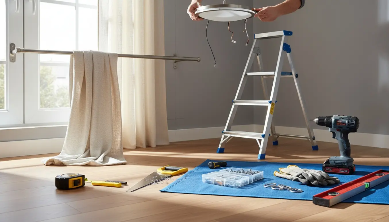 Halvfærdig gør-det-selv-scene med gardinstang, værktøj og en person på en stige, der monterer en loftlampe.