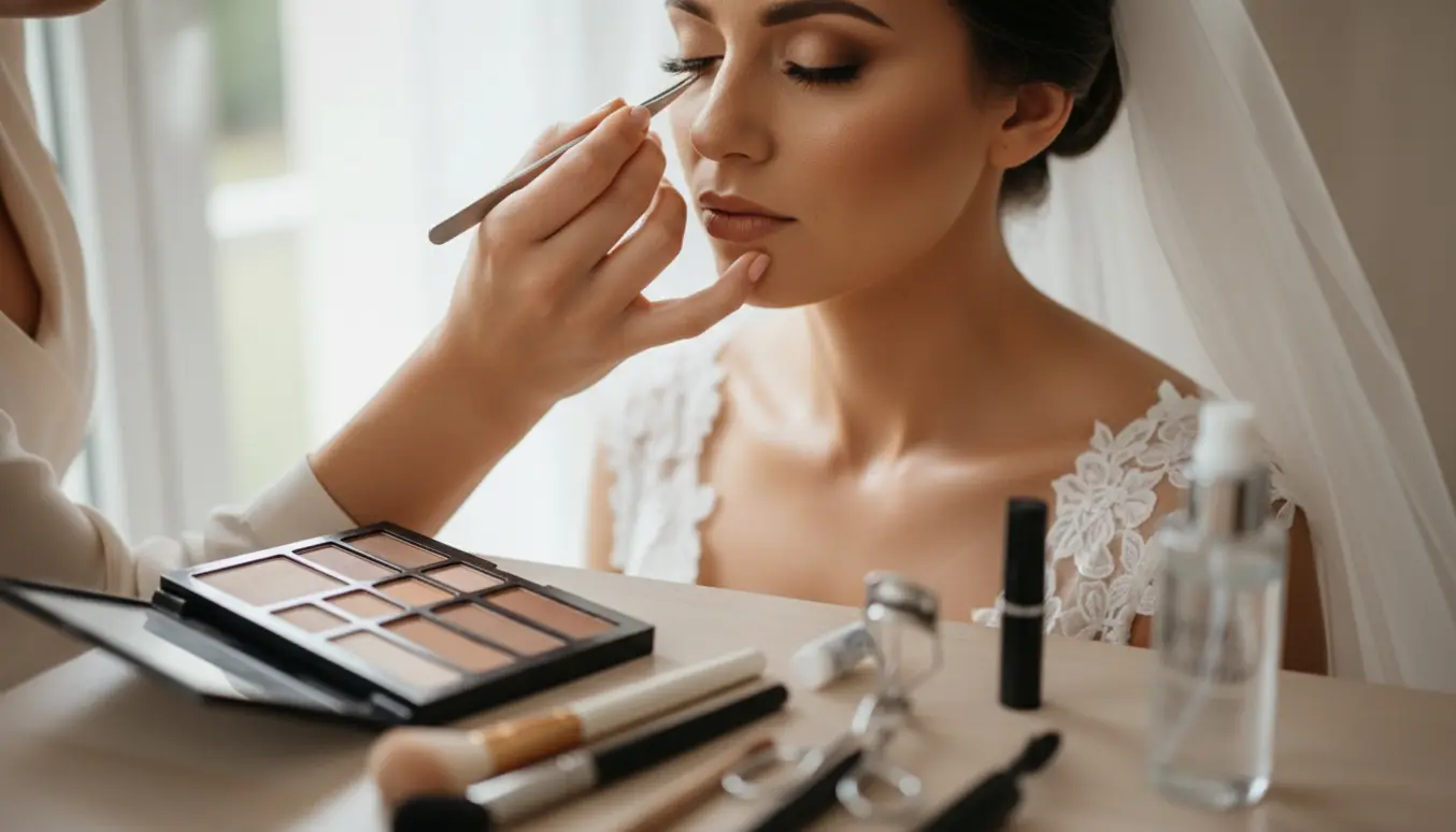 Nærbillede af en brud, hvor en makeupartist sætter naturlige vipper på ved vindueslys.