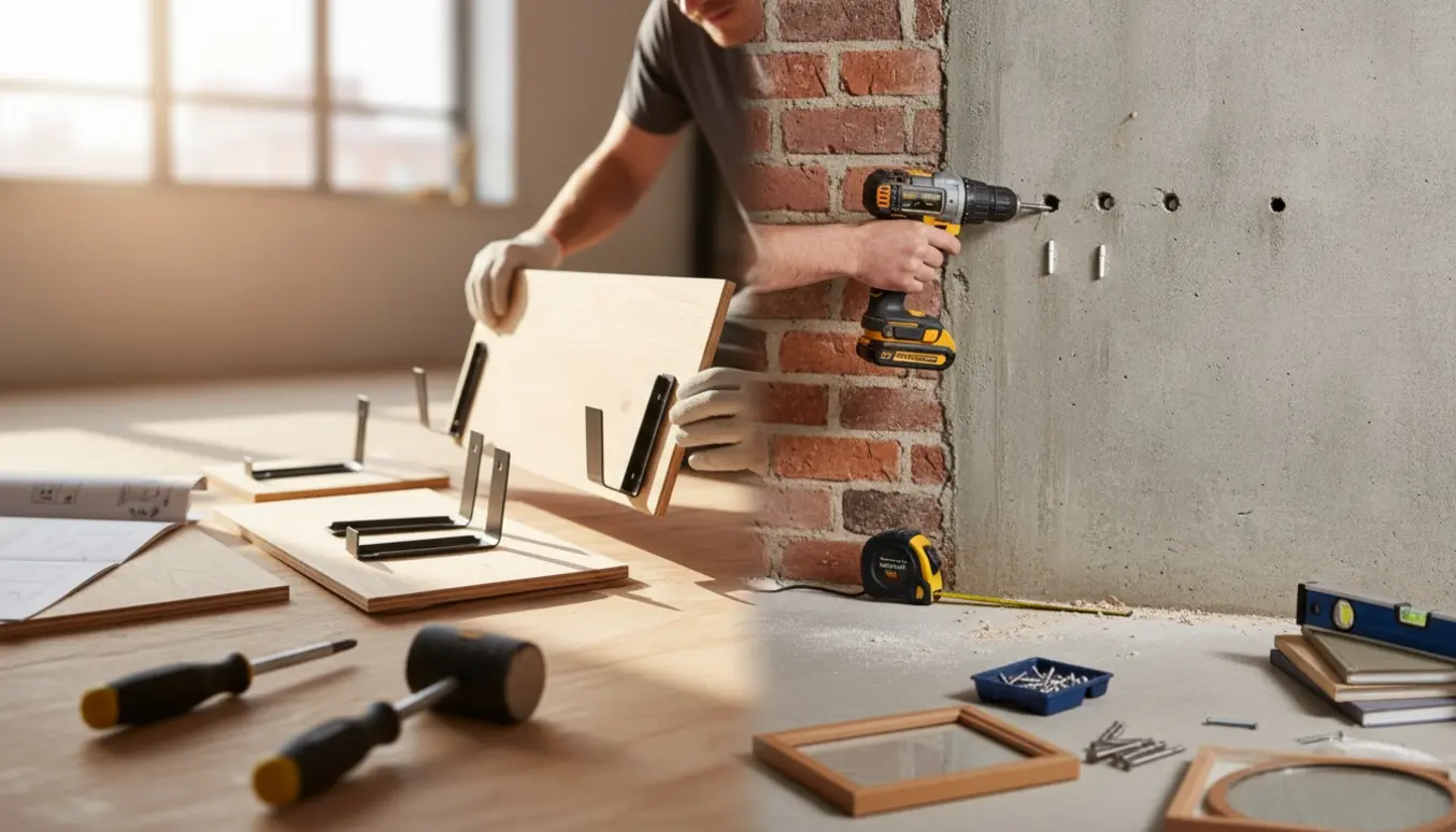 Nærbillede af hænder og værktøj, der samler en let skoreol og borer huller i en murstensvæg klar til ophæng.