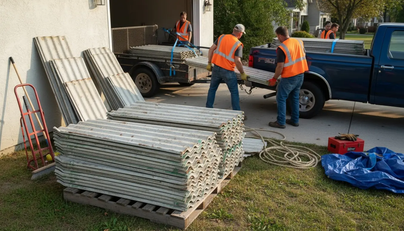 Brugte tagplader læsses på en pickup i indkørslen, arbejdere med ryggen til.