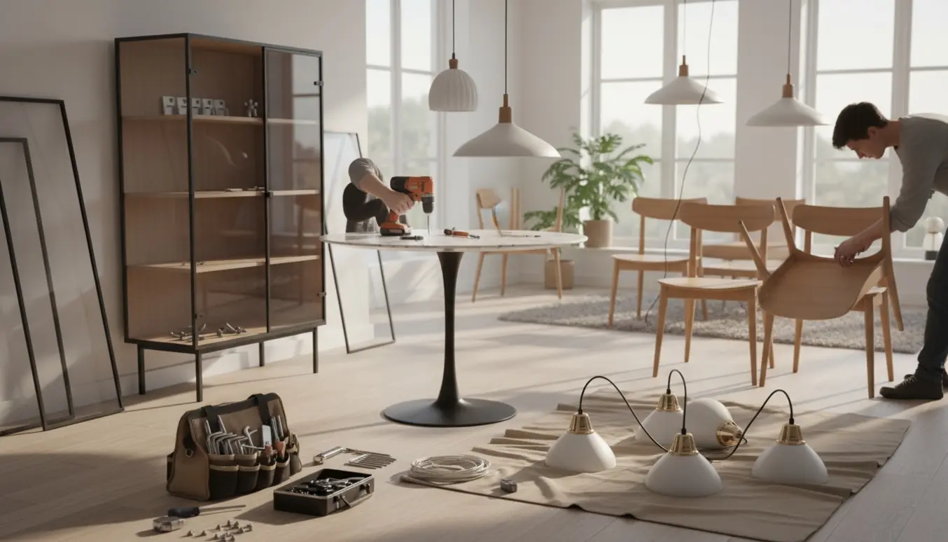 Halvfærdigt Hay vitrineskab, marmorbord, stole og flere lamper under samling i en lys stue med værktøj i forgrunden.